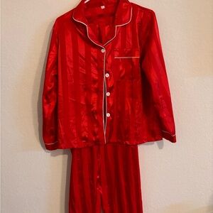 Red striped satin pajamas, label says L but fits M.